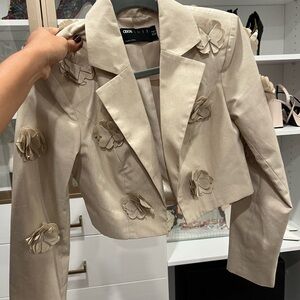 ASOS LUXE 3-piece 3D flower crop blazer in stone